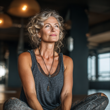 Senior practică yoga în natură